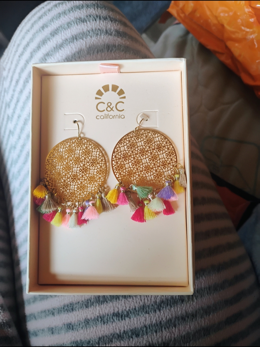 C&C California Gold Filigree Hoop Earrings with Multicolor Tassels